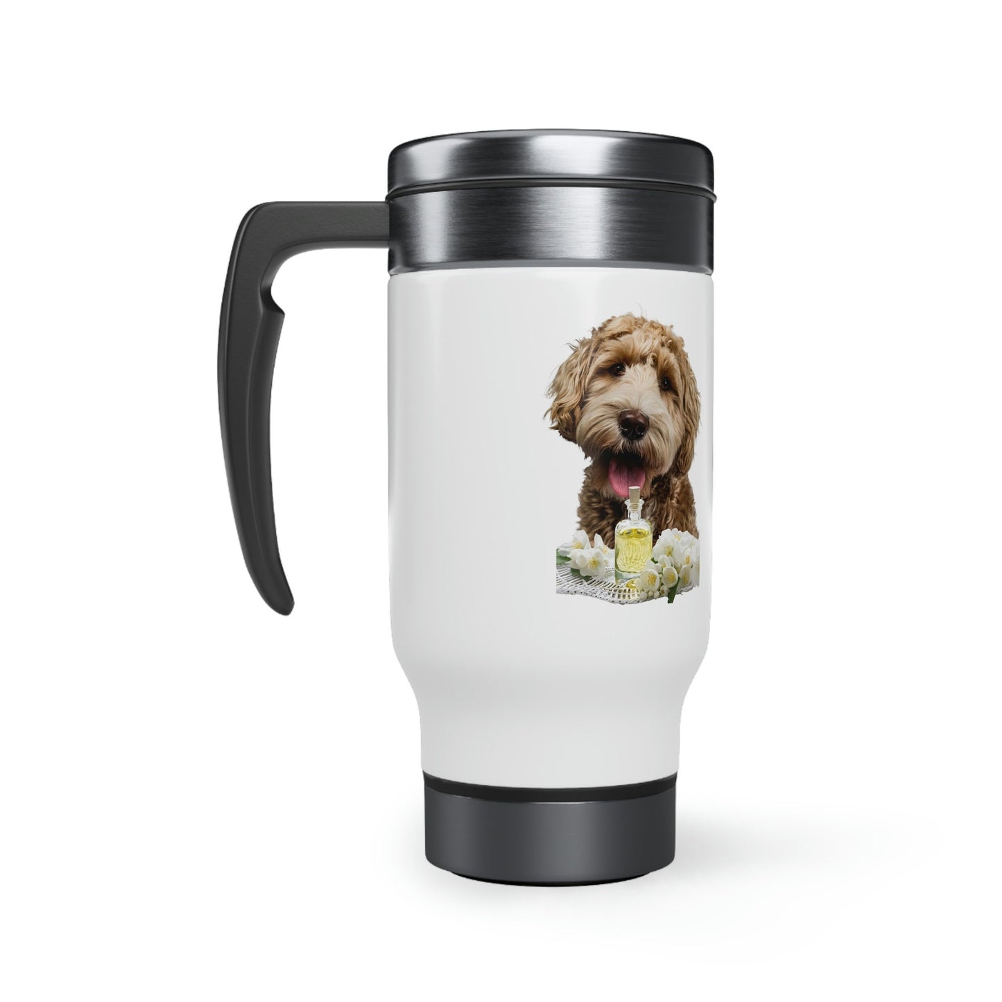 Essential Oil Dog 3 Stainless Steel Travel Mug with Handle, 14oz